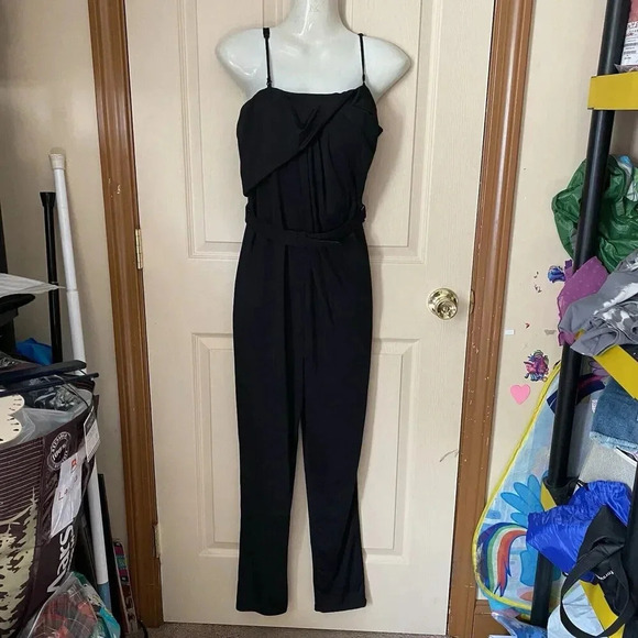 Mustard Seed Womens Sz M Jumpsuit Black Strap Sleeve Belted Stretch Goth Grunge - Picture 16 of 16